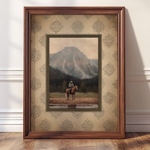 Western Cowboy Wall Art, Vintage Mountain Horse Print, Rustic Ranch Landscape Painting, Country Home Cowboy Decor #7064