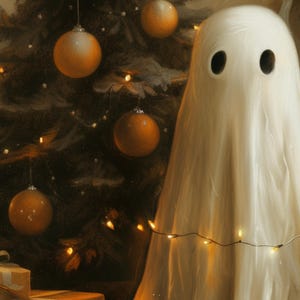 May include: A white ghost with two black eyes stands in front of a Christmas tree decorated with gold ornaments and white lights.