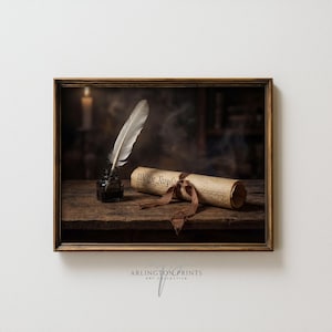 May include: A framed print featuring a quill pen, inkwell, and a rolled parchment scroll tied with a ribbon. The scroll displays the words "We the People". The background is a dimly lit, rustic scene.