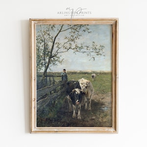 Country Farm Painting, Vintage Farmhouse Wall Decor, Antique Animal Printable Art, Cow Painting, Vintage Country Decor, Digital Download