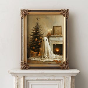 Christmas Halloween Art, Cute Ghost, Christmas Tree, Digital Download, Cottagecore, Haunted House Painting, Cute Sheet Ghost, Home Decor, Christmas Decorations, Ghost Decorating the Tree, Adorable Winter Wall Art, Rustic Cottage Print, Vintage Vibes