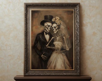 Gothic Skeleton Couple Printable Wall Art, Bride and Groom Skeleton Wedding Print, Creepy Halloween Decor, Macabre Art Print P930