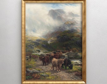 May include: A painting of a herd of Highland cattle walking along a path in a misty mountain landscape. The cattle are brown and white with long horns. The path leads to a stone bridge over a stream. The sky is cloudy and the mountains are shrouded in mist.