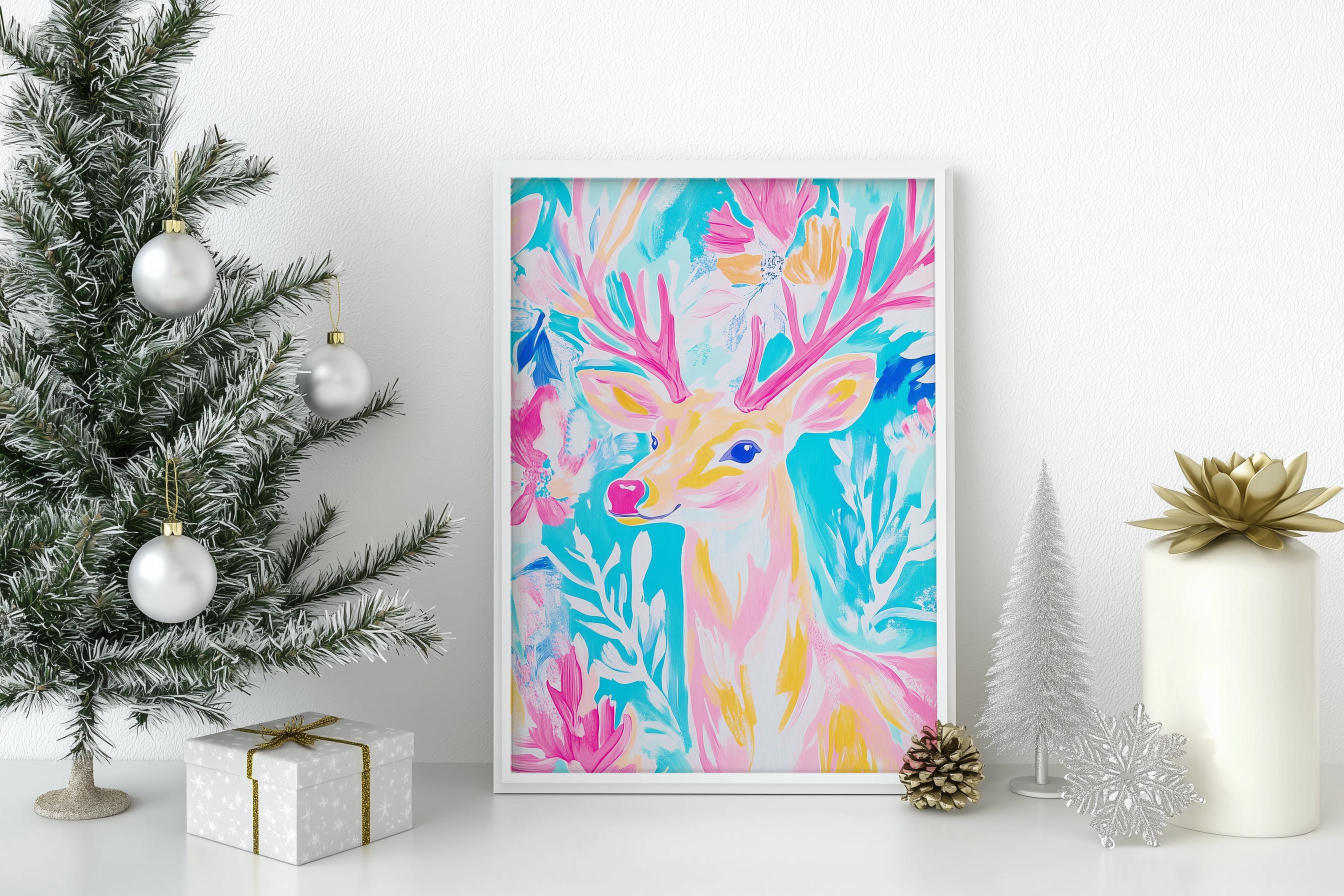 Abstract Pastel Rudolph Christmas Wall Art, Printable Winter Art, Blue ...