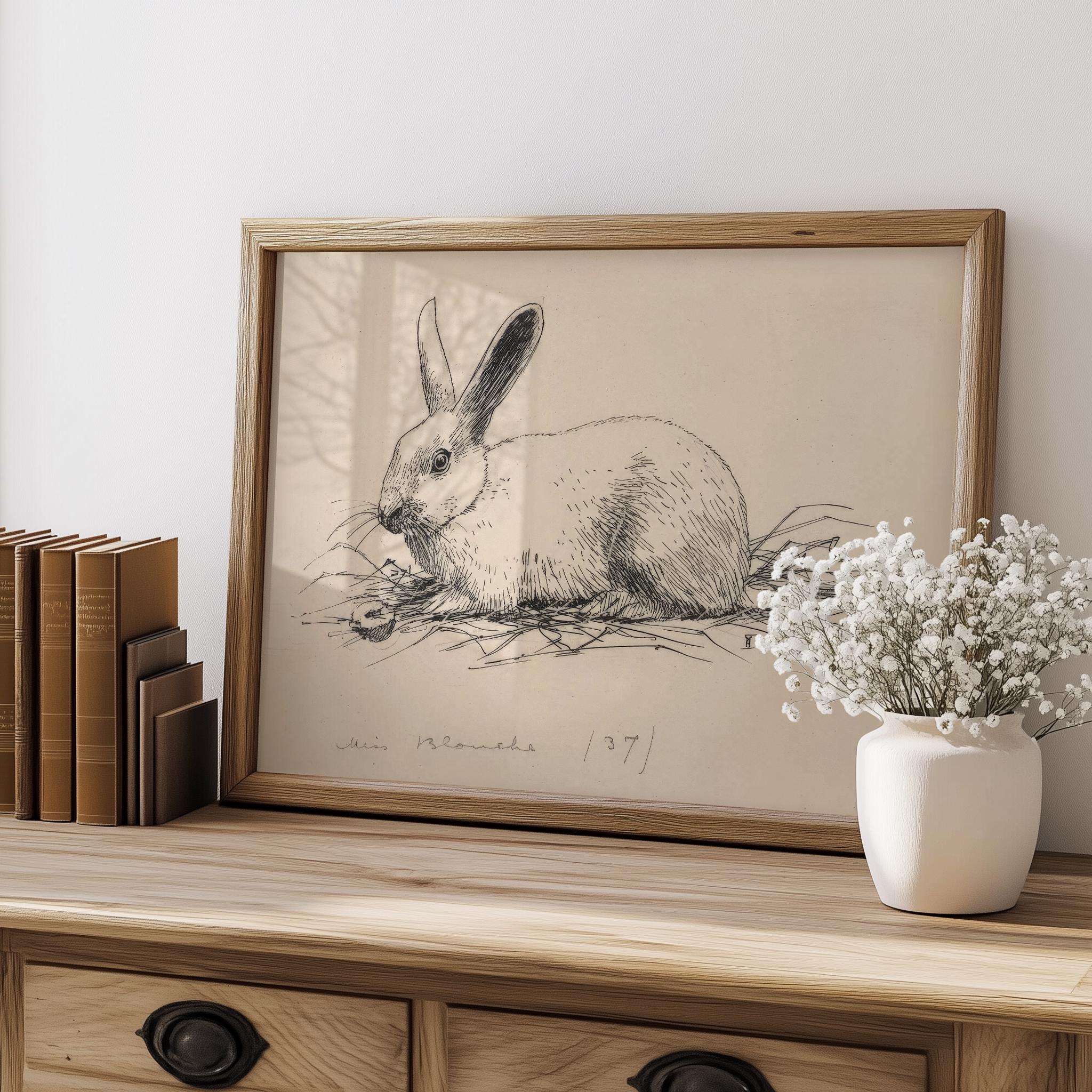 Vintage Bunny Etching Print, Classic Rabbit Sketch Art, Rustic