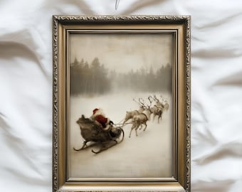 Vintage kerstmuurdecoratie, rustieke kerstslee met rendieren, gezellige winterse feestprint, digitale download, 38-19