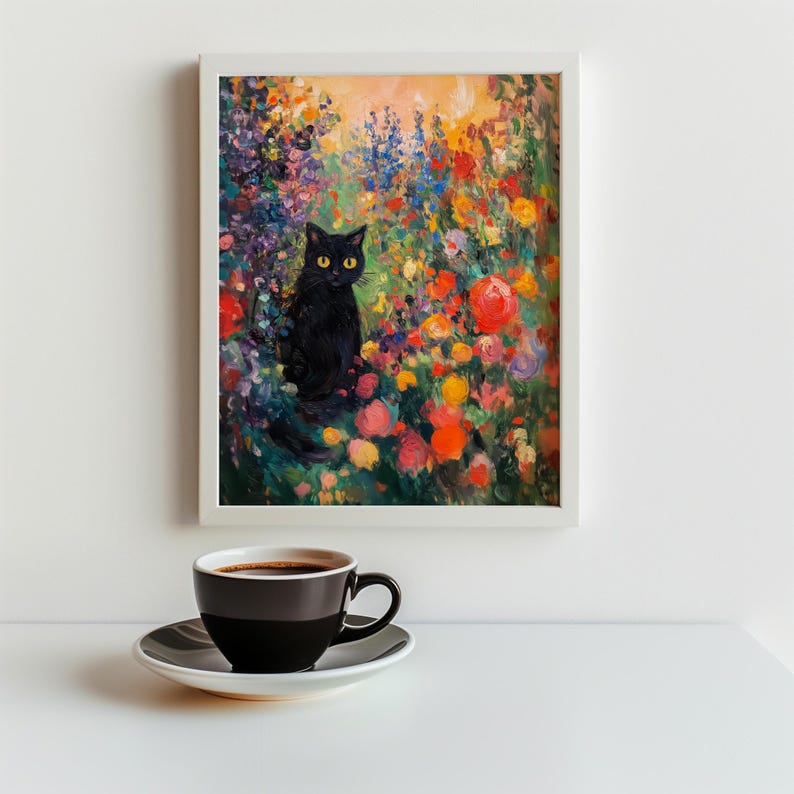 Colorful Vintage Black Cat in Garden Art, Maximalist Cat in Flowers