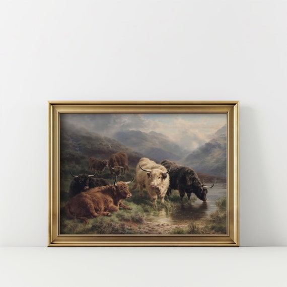 Vintage Highland Cow Painting, Scotland Print, Antique Oil Painting, Rustic Art, Instant Download, 19th Century Painting, Cow Art