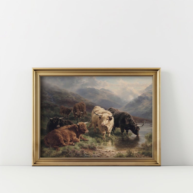 Highland Cow Painting, Scotland, Highland Cow Picture, Antique Oil Painting, Rustic Art, Instant Download, 19th Century Painting, Cow Art, William R C Watson, Scottish Highlands, Cow Painting, Vintage Art Print, Antique Landscape, Digital Download