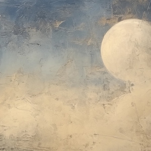 May include: A textured abstract painting with a large, white, round shape in the upper right corner. The background is a blend of light blue and beige.
