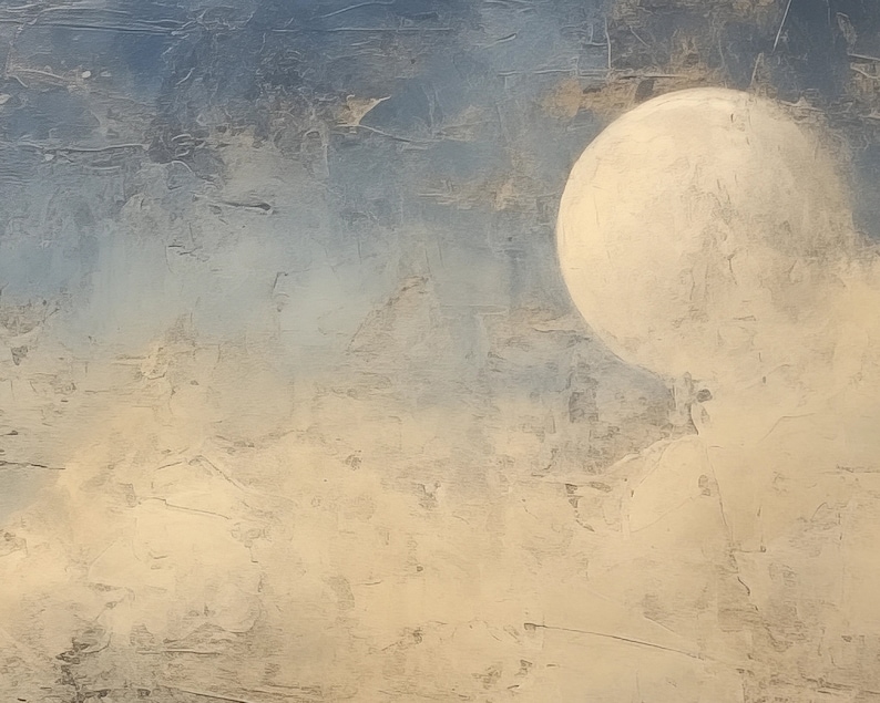 May include: A textured abstract painting with a large, white, round shape in the upper right corner. The background is a blend of light blue and beige.