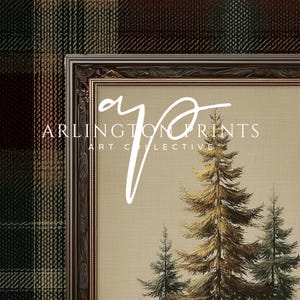 Vintage pine tree painting surrounded by a red, green, and gold tartan plaid border, rustic Christmas wall art for lodge or farmhouse holiday decor.