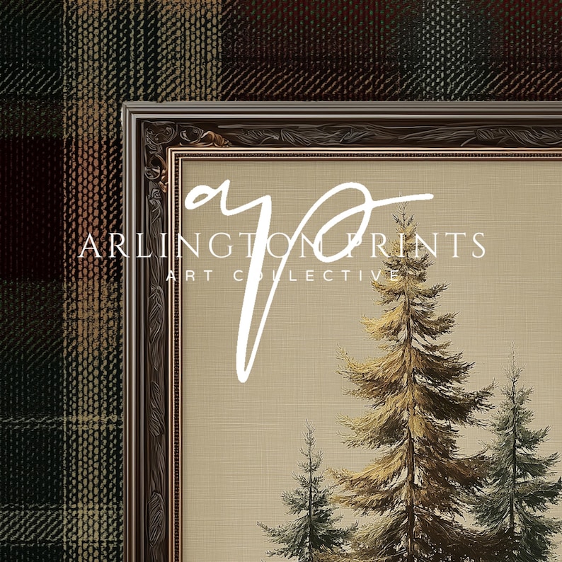 Vintage pine tree painting surrounded by a red, green, and gold tartan plaid border, rustic Christmas wall art for lodge or farmhouse holiday decor.