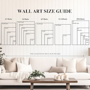 May include: A guide to wall art sizes for different aspect ratios, including 2:3, 3:4, 4:5, 11:14, and ISO. The guide shows the dimensions of various sizes in inches. The text "THE LENGTH OF SOFA IS 90 INCHES" is at the bottom of the image.