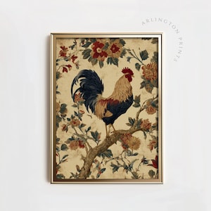 Vintage-style digital art of a colorful rooster perched on a branch surrounded by rustic floral illustrations, ideal for farmhouse kitchen decor.