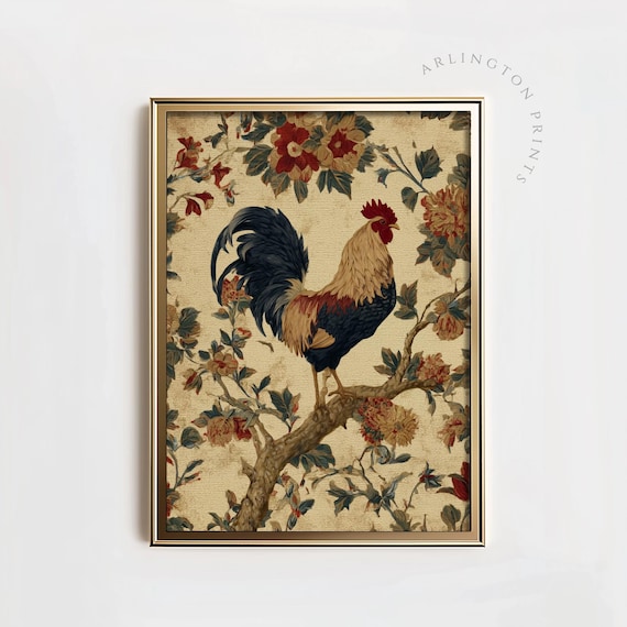 Vintage Rooster Wall Art, Rustic Farmhouse Floral Print, Farm Animal Print, Country Kitchen Decor, Chicken Printable Artwork