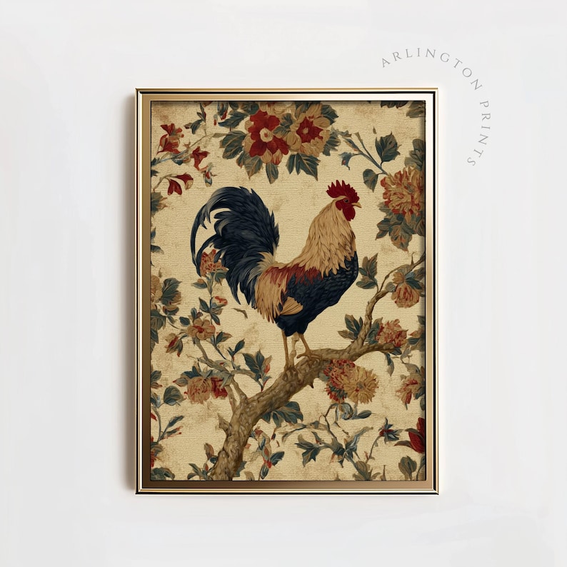 Vintage-style digital art of a colorful rooster perched on a branch surrounded by rustic floral illustrations, ideal for farmhouse kitchen decor.