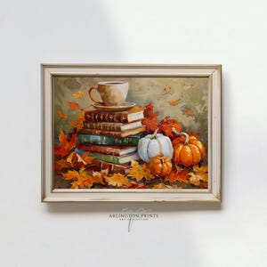 Impression d'art mural livresques d'automne de mauvaise humeur, impression d'art automne de livres empilés vintage, impression de café-bar feuillage d'automne, art imprimable de pile de livres P146