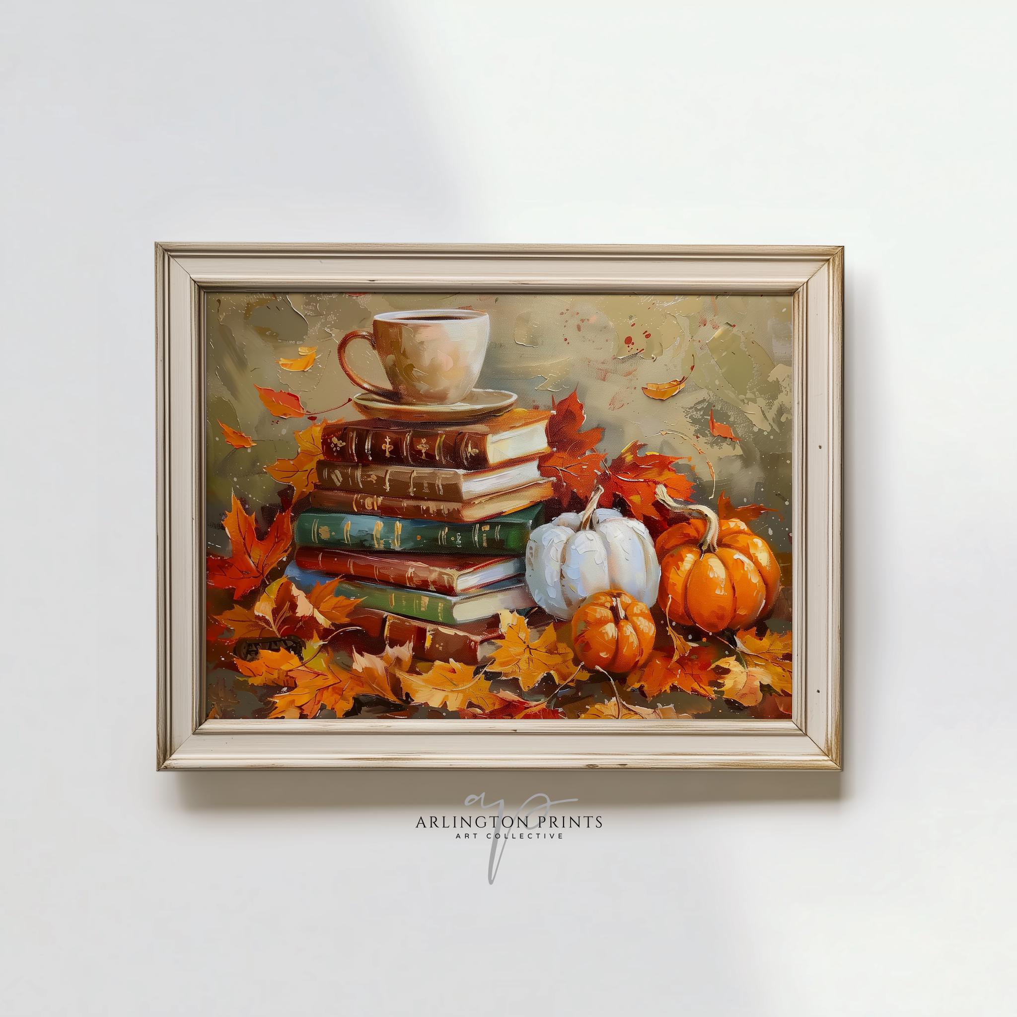 Moody Fall Bookish Wall Art Printable, Vintage Stacked Books Autumn Art ...