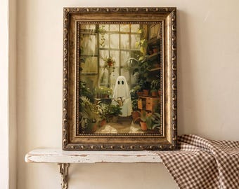 Cute Ghost Greenhouse Printable Art - Whimsical Halloween Garden Wall Decor, Cozy Botanical Print No. 50