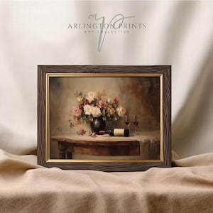 Wine Still Life Printable Art, Vintage Floral Table Scene, Romantic French Kitchen Wall Decor, Wine Art Print AC566