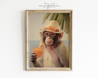 May include: A monkey wearing a straw hat with an orange flower on it, holding a glass of orange juice. The monkey is sitting in front of a tropical background.