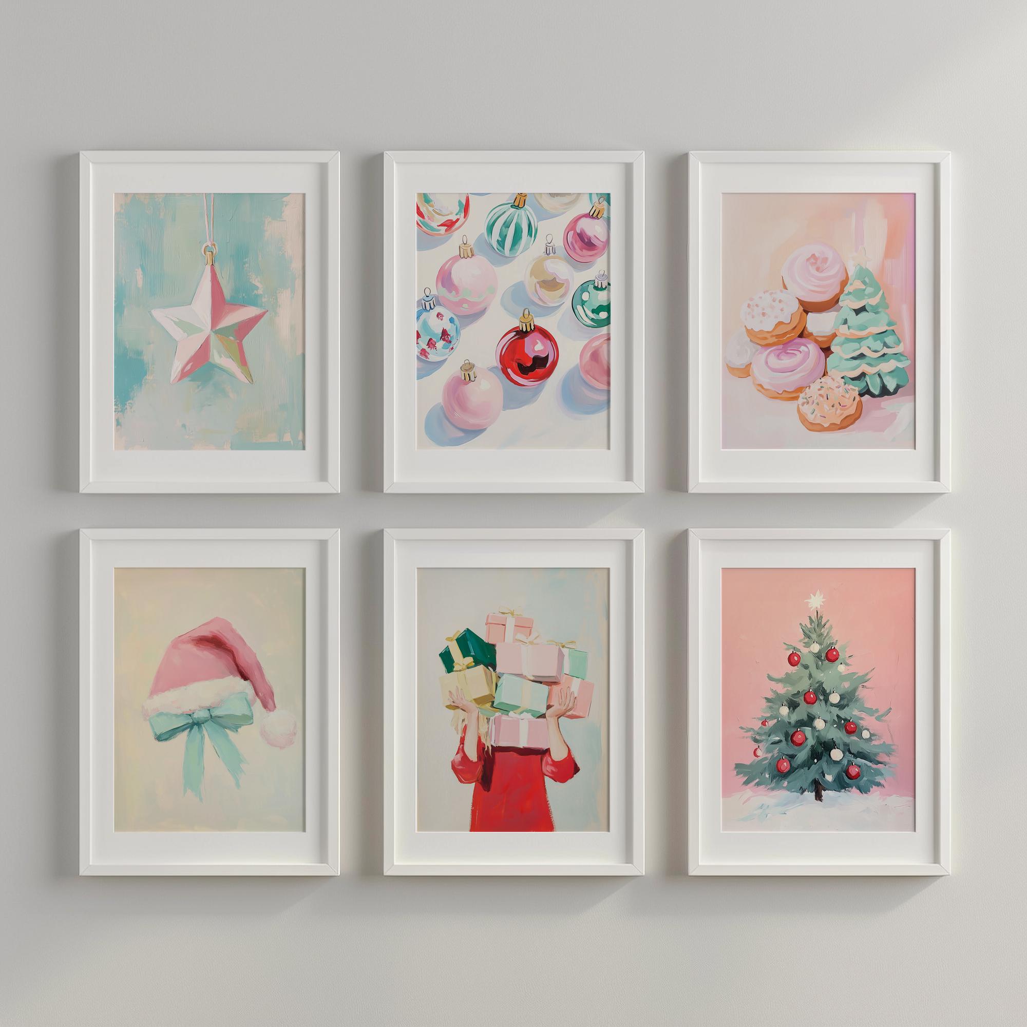 Christmas Gallery Wall Prints, Pretty Pastel Art, Set of 6
