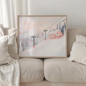 Pink Christmas Ski Lodge Wall Art, PRINTABLE Snowy Winter Painting, Pink Mountain Landscape Print, Winter Home Decor, Vintage Ski Lift Print, Abstract Acrylic Painting, Matisse Style, Soft Pastel Colors, Digital Download Art, Snowy Pink Landscape
