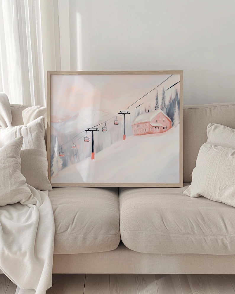 Pink Christmas Ski Lodge Wall Art, PRINTABLE Snowy Winter Painting, Pink Mountain Landscape Print, Winter Home Decor, Vintage Ski Lift Print, Abstract Acrylic Painting, Matisse Style, Soft Pastel Colors, Digital Download Art, Snowy Pink Landscape