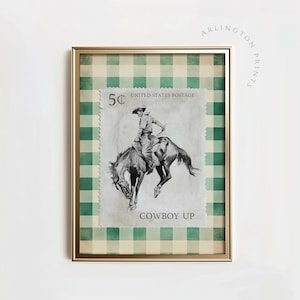 Western Cowboy Stempel Druck, grüne Gingham Rodeo Wandkunst, rustikales rustikales Cowboy Plakat im rustikalen Mid Century Stil