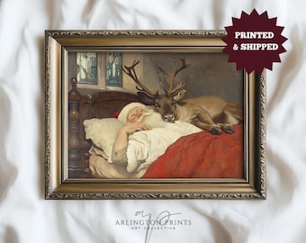 Vintage Christmas Wall Art, Cute Bedtime Santa Painting, PRINTED AND SHIPPED, Sleepy Reindeer Nursery Print, Seasonal Christmas Decor