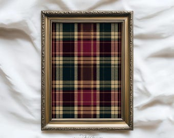 Vintage Burgundy & Forest Green Plaid Print – Farmhouse Christmas Art Digital Download #435