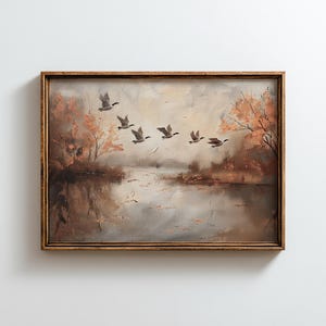 Herfst meer landschap olieverfschilderij, zwerm ganzen print, rustieke herfst bomen kunst aan de muur, Instant Download S35
