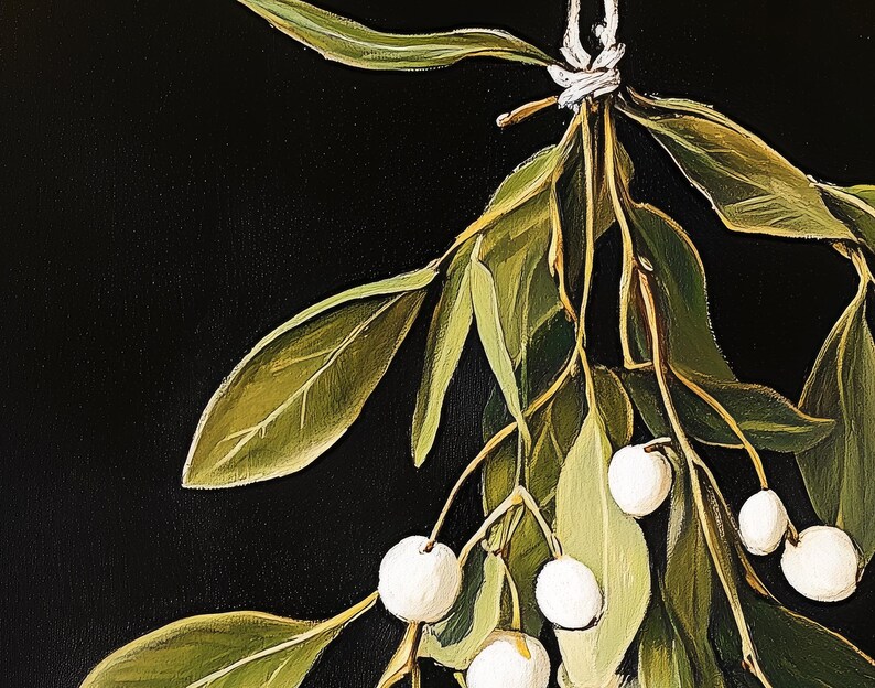 Printable mistletoe wall art with green leaves and white berries on a dark background, vintage rustic Christmas holiday print