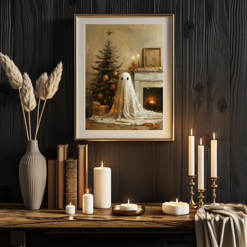 Christmas Halloween Art, Cute Ghost, Christmas Tree, Digital Download, Cottagecore, Haunted House Painting, Cute Sheet Ghost, Home Decor, Christmas Decorations, Ghost Decorating the Tree, Adorable Winter Wall Art, Rustic Cottage Print, Vintage Vibes