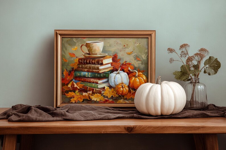Moody Fall Bookish Wall Art Printable, Vintage Stacked Books Autumn Art ...