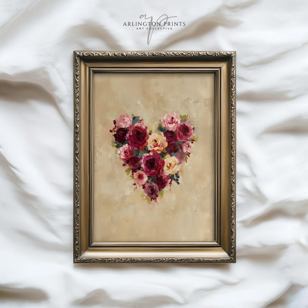 Floral Heart Valentine Wall Art Printable, Romantic Rose Painting ...
