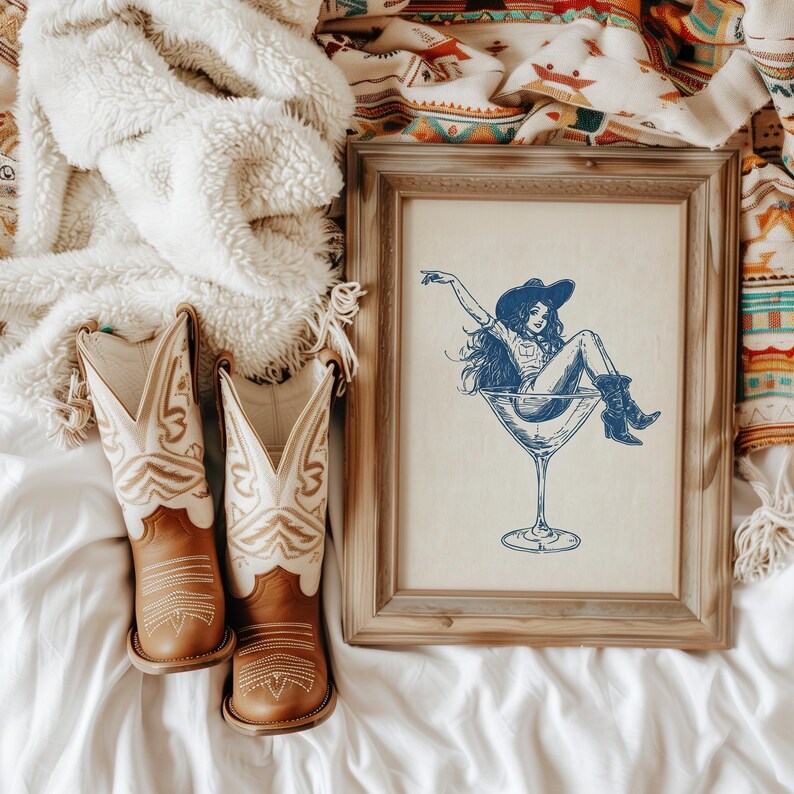 Retro Coastal Cowgirl Art, PRINTABLE Cocktail Wall Art, Girly Bar Cart Print, Coupe Glass Poster, Cute Apartment Poster, Dorm Room Print, 50s Vibe, Midcentury-Modern, Country Western Chic, Cowgirl Drawing, Digital Download Art, Navy Blue and Beige