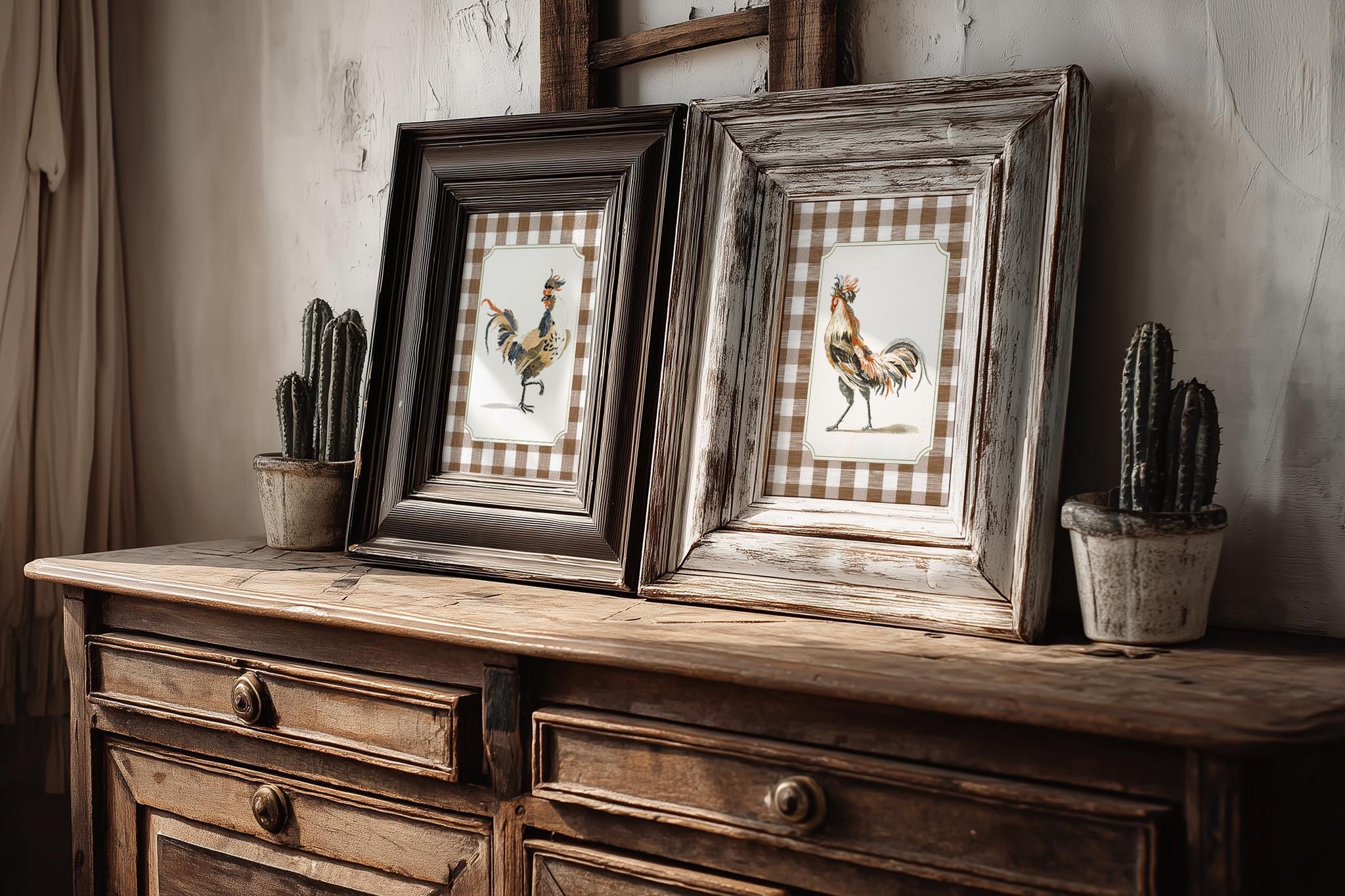 Vintage Chicken Kitchen Art Set, PRINTABLE Gingham Farmhouse Kitchen ...