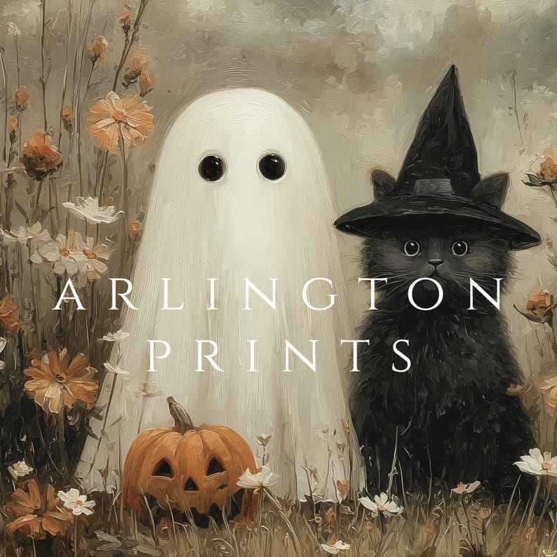 Vintage Halloween Art Print, Cute Ghost and Black Cat Wall Art, Pumpkin ...