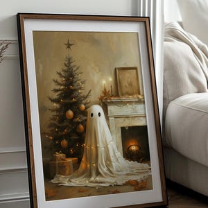 Christmas Halloween Art, Cute Ghost, Christmas Tree, Digital Download, Cottagecore, Haunted House Painting, Cute Sheet Ghost, Home Decor, Christmas Decorations, Ghost Decorating the Tree, Adorable Winter Wall Art, Rustic Cottage Print, Vintage Vibes