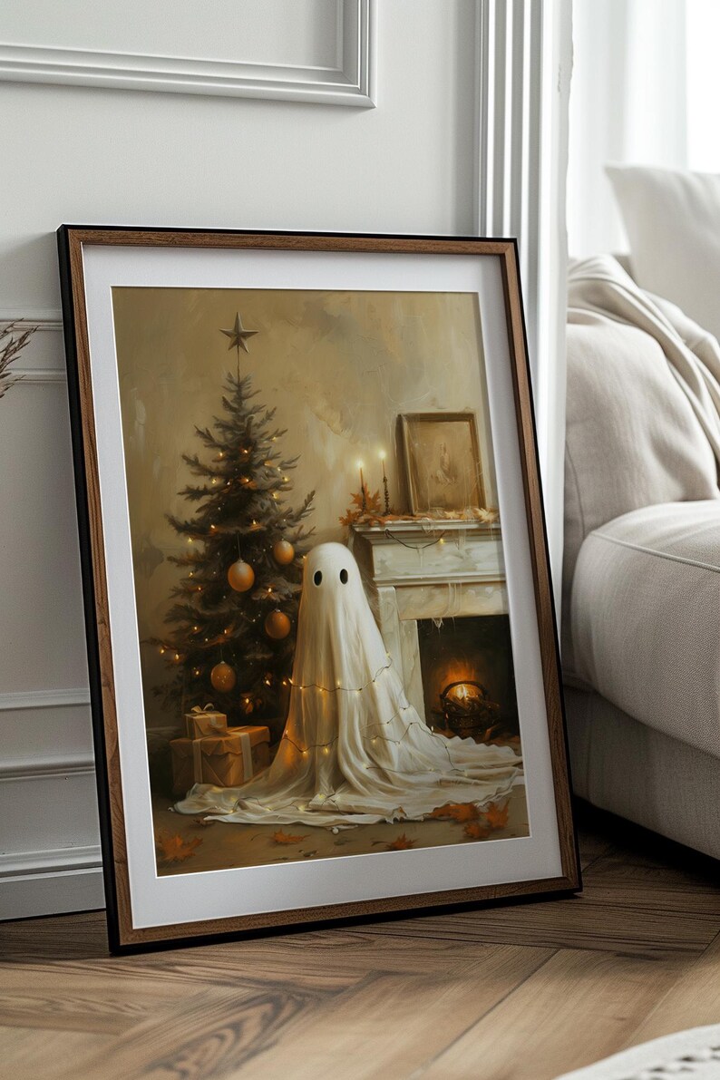 Christmas Halloween Art, Cute Ghost, Christmas Tree, Digital Download, Cottagecore, Haunted House Painting, Cute Sheet Ghost, Home Decor, Christmas Decorations, Ghost Decorating the Tree, Adorable Winter Wall Art, Rustic Cottage Print, Vintage Vibes