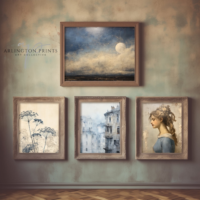 French Country Art, Wall Art Set, Vintage Floral Prints, Spring Home Decor, Indigo Blue, Muted Blue Home Decor, Butterfly Sketch, Country Florals, French Toile, Moody Wall Art Prints, Blue Moon, Antique Oil Painting, Blue Watercolor, Digital Download
