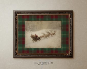 Vintage Santa Sleigh Print, Rustic Christmas Wall Art, Red Plaid Holiday Decor, Santa and Reindeer Artwork, Digital Download 61-44