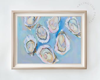 Pastell Blau Austernmuschel Druck, Abstrakte Küche Kunst Gemälde, Küsten Strand Haus Dekor, Bunte Sommer druckbare Fisch Poster A102
