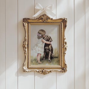 Vintage Nursery Wall Art of Little Girl Hugging Dog, Tender Child and Puppy Painting, Sweet Friendship Artwork, Neutral Baby Room Decor, Farmhouse Kids Print
