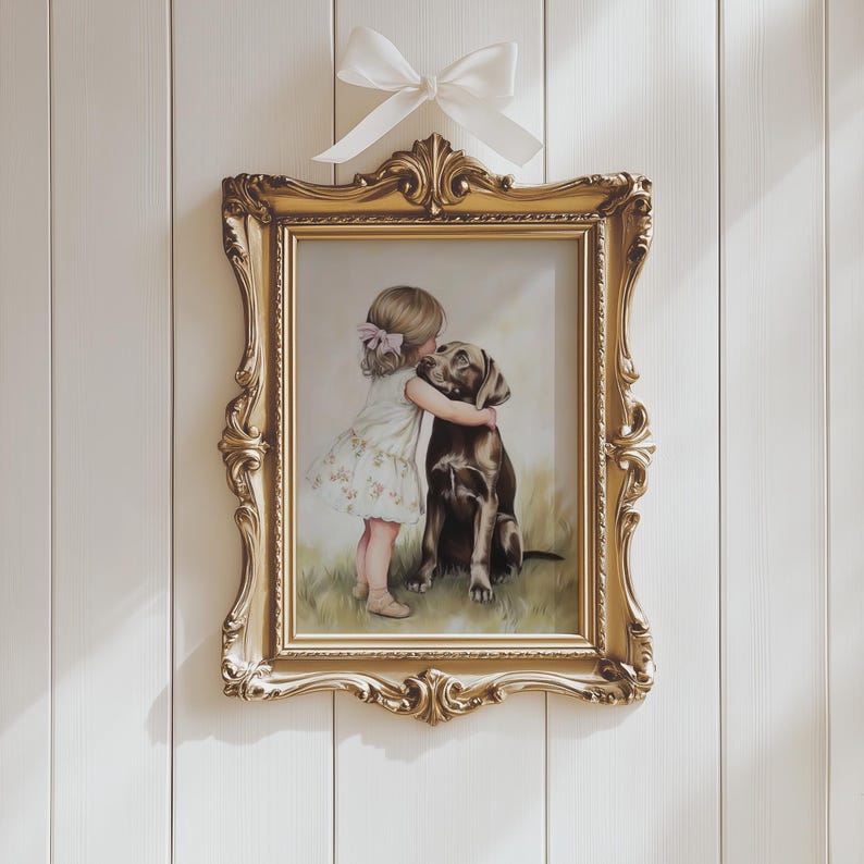 Vintage Nursery Wall Art of Little Girl Hugging Dog, Tender Child and Puppy Painting, Sweet Friendship Artwork, Neutral Baby Room Decor, Farmhouse Kids Print