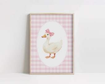 Ente Nursery Print, rosa Grandmillenial Kinderzimmer, DRUCKBARE Schwan Rosa Schleife Poster, Mädchen Vintage Dekor, Gingham Wall Prints T250