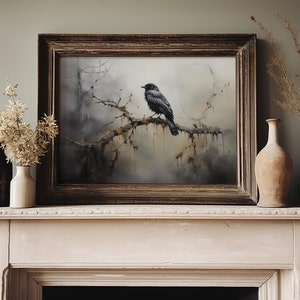 ustic wilderness-themed gallery wall featuring digital paintings of a bear by a lake, a crow on a branch, deer in misty woods, a cabin by the water, a leaping fish, and a foggy forest. Earthy tones and moody lighting create a serene, nature-inspired aesthetic perfect for lodge, cabin, or modern rustic decor.