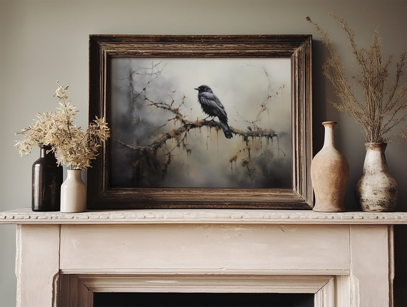 ustic wilderness-themed gallery wall featuring digital paintings of a bear by a lake, a crow on a branch, deer in misty woods, a cabin by the water, a leaping fish, and a foggy forest. Earthy tones and moody lighting create a serene, nature-inspired aesthetic perfect for lodge, cabin, or modern rustic decor.